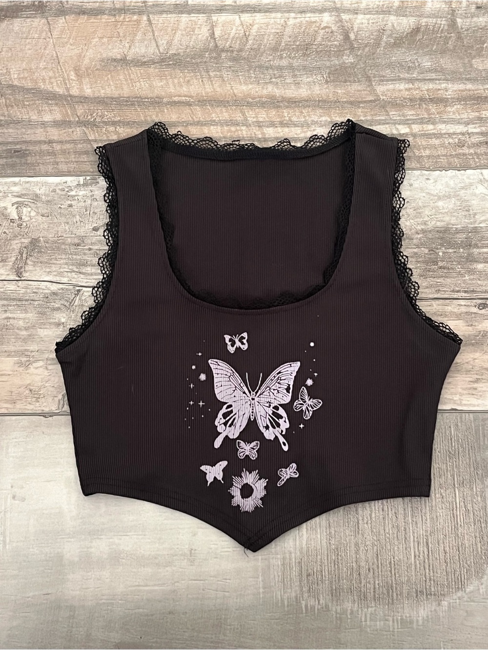 Black Cropped Tank Top with Butterfly Print